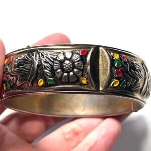 Toledo Spain Damascene Vintage Enamel Gilded Hinged Bangle Bracelet size 7.5"